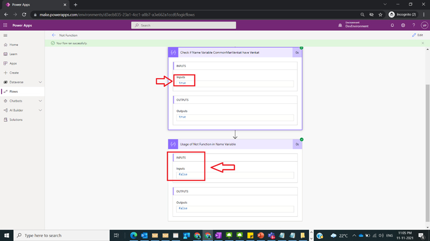 Usage of Not Function in Power Automate